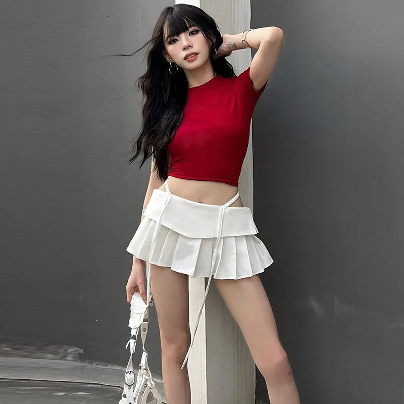 LIZAKOSHT  -  Solid Sweet Hollow Out Women Skirts Y2k Aesthetic A-line Pleated Mini Skirt High Waist Slim Streetwear Grunge Faldas Harajuku