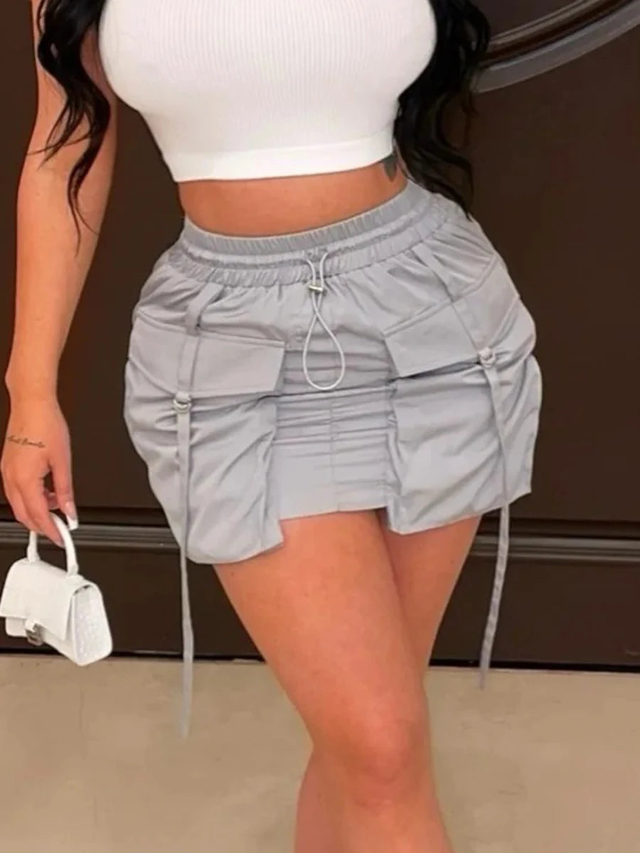 LIZAKOSHT  -  Solid Spliced Lace Up Short Casual Skirts For Women High Waist Spliced Pockets Chic Cargo Skirts Female Fashion Style New