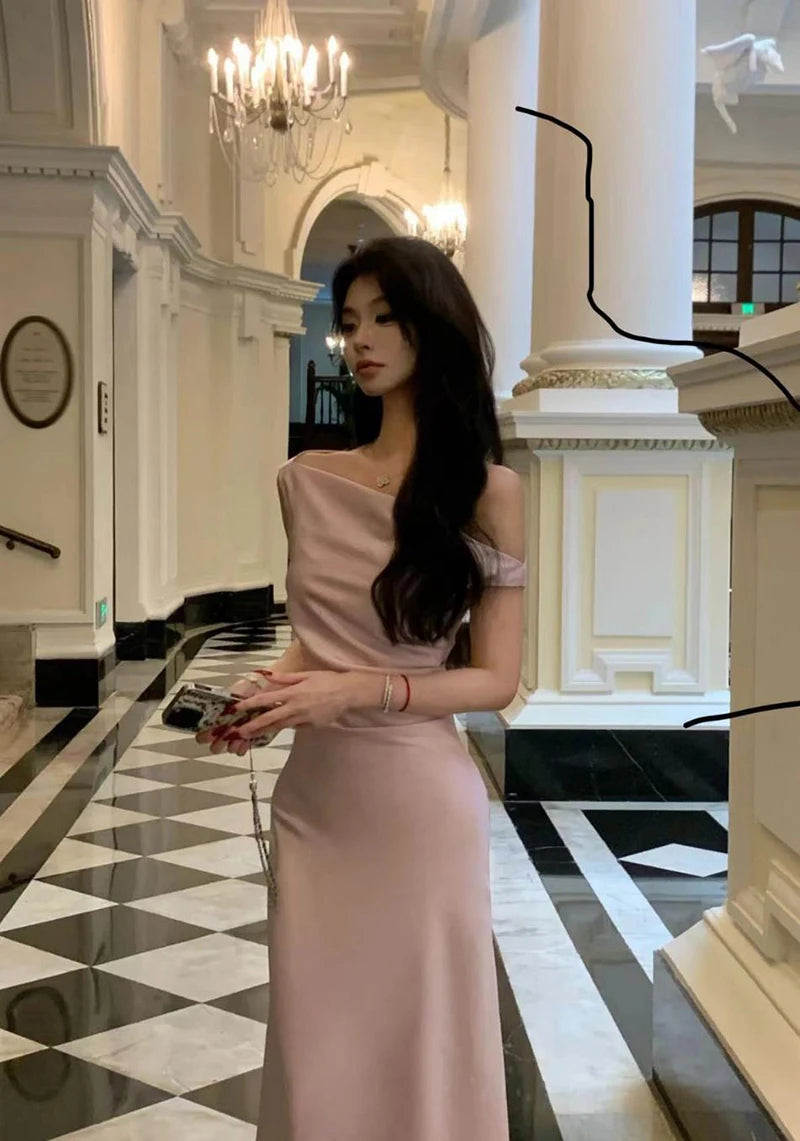 LIZAKOSHT  -  Satin Sexy Off Shoulder Dress Women Pink Skinny Elegant Soft Dress Classic Fashion Party Evening Gown Sleeveless Lady Vestidos