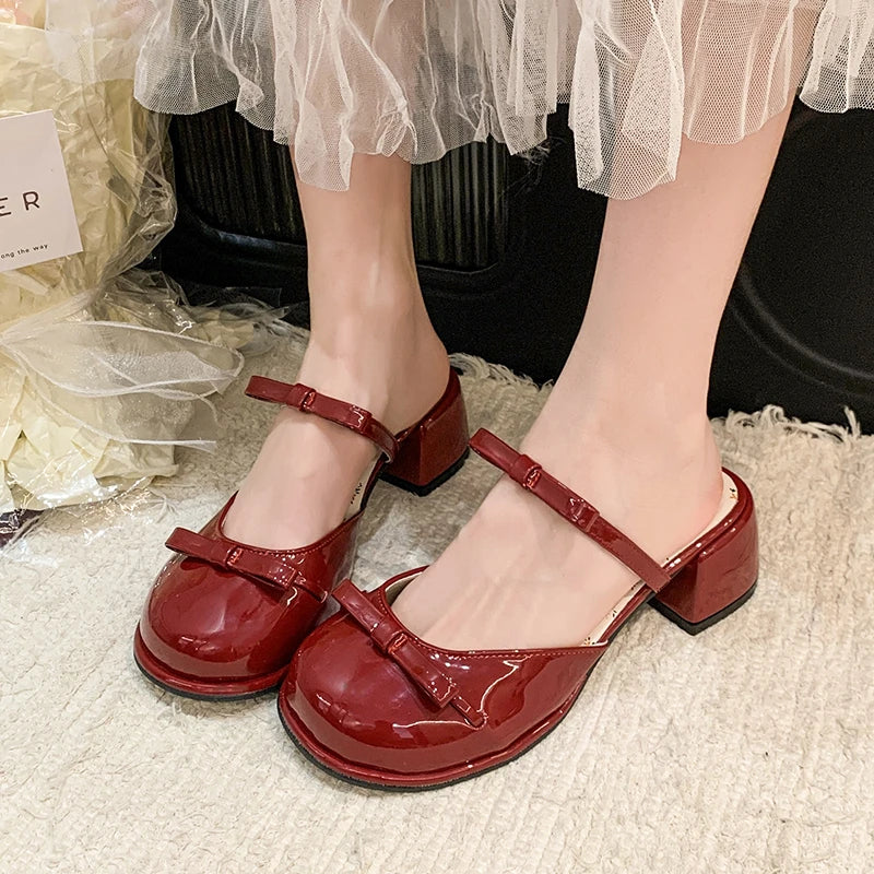 LIZAKOSHT  -  Summer Butterfly-knot Cover Toe Women Slippers Elegant Thick Heel Dress Slides Ladies Concise Slingback Dress Sandals Mule Shoes