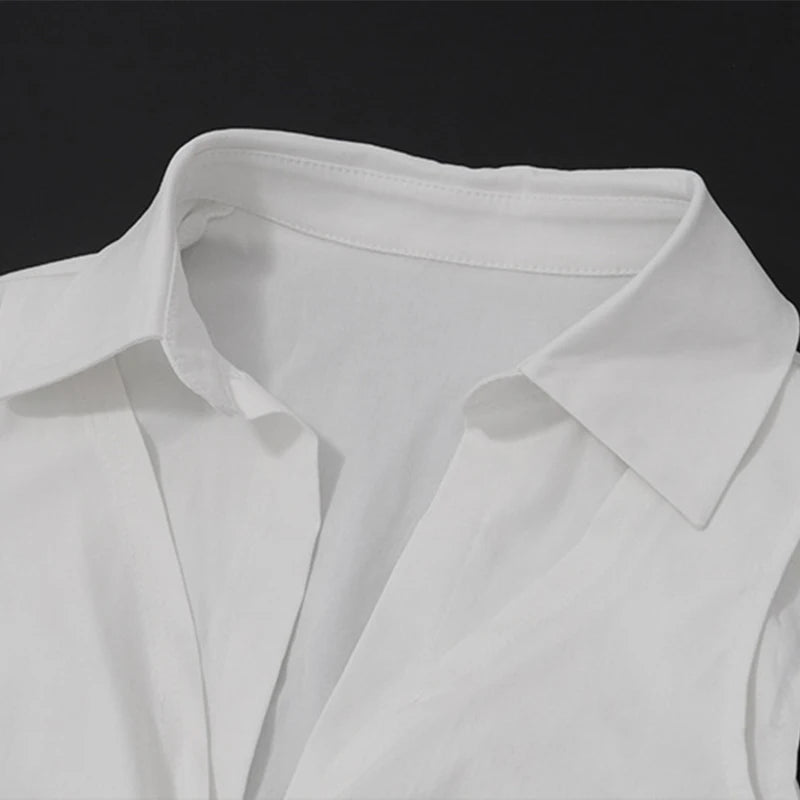 LIZAKOSHT  -  Vintage Sexy Polo Neck Twisted Ruched White Tees Casual Slim Fit Low-cut Neck Solid Cropped Tops Trend All-match Streetwear