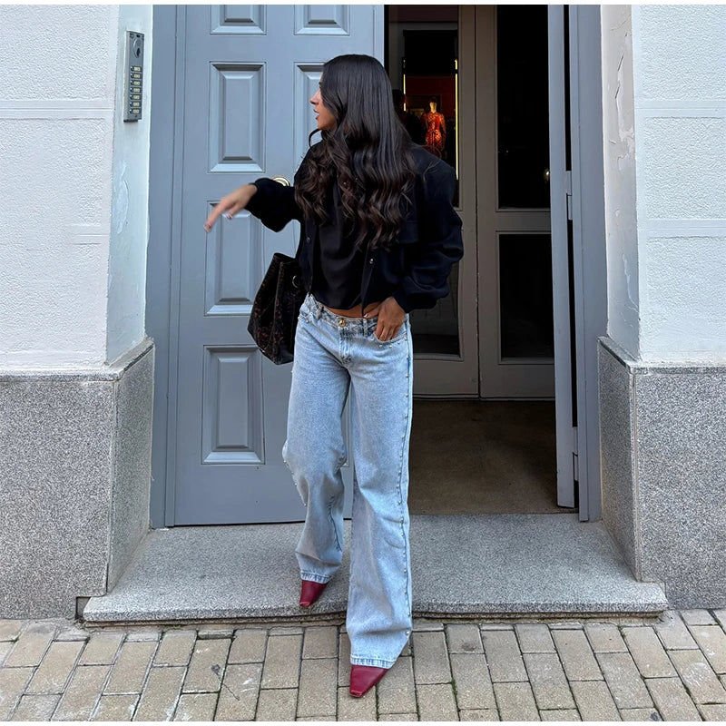 LIZAKOSHT  -  Chic Diamonds Leopard Pentagram Pants For Women Straight-leg Ankle-length Pocket Jeans 2025 Spring Summer Female Casual Trousers