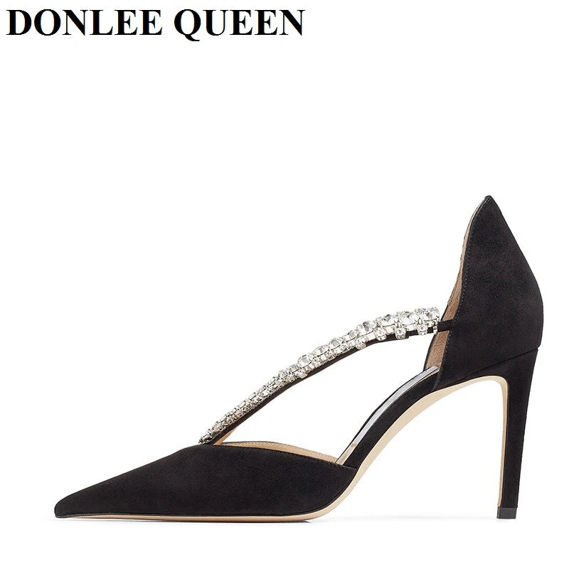 LIZAKOSHT  -  New Fashion Brand Crystal Embellished High Heels Shoes Women Pointed Toe Dress Rhinestone Wedding Party Pumps Black Suede Sandal