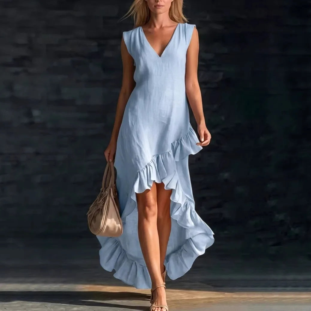 LIZAKOSHT  -  New Fashionable Romantic Sleeveless V-neck Ruffle Hem Cotton and Linen Long Dress