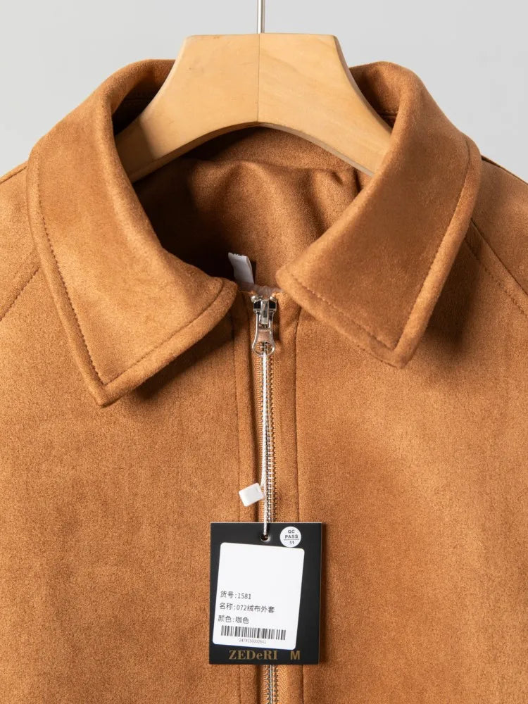 LIZAKOSHT  -  Suede Short Jacket Women Fashion Brown Zipper Long Sleeves Front With Drawstring Hem Pockets Outerwear New Autumn Winter