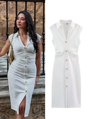 LIZAKOSHT  -  Elegant Long Dress Women 2025 New Summer Chic Sleeveless Ruched Single Breasted Midi Dresses Office Lady Vintage Causal Dress