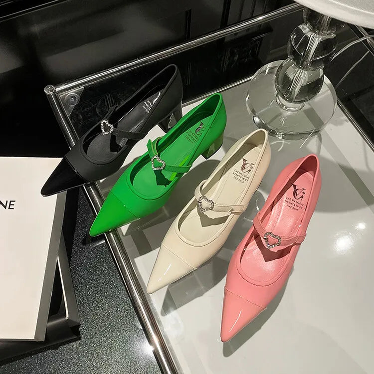 LIZAKOSHT  -  Leather Custom Rhinestone Metal Belt Buckle Mary Jane Women's Shoes Retro Pointed Square Heel Casual Shoes for Wedding Banquet