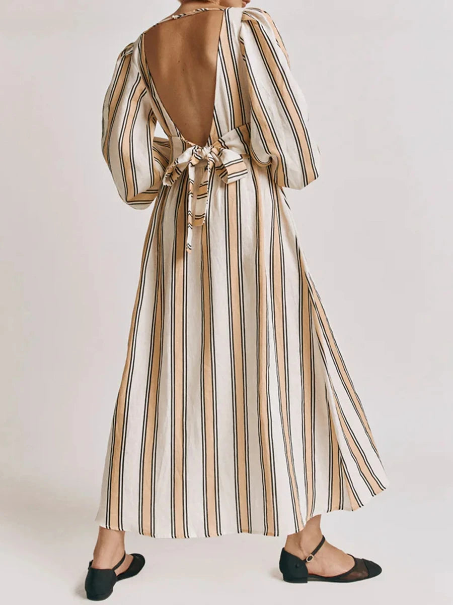 LIZAKOSHT  -  Women Fashion Midi Dress Vintage Striped Print Contrasting Lantern Sleeve Backless Tie-up Waist A-Line Dress Casual Streetwear