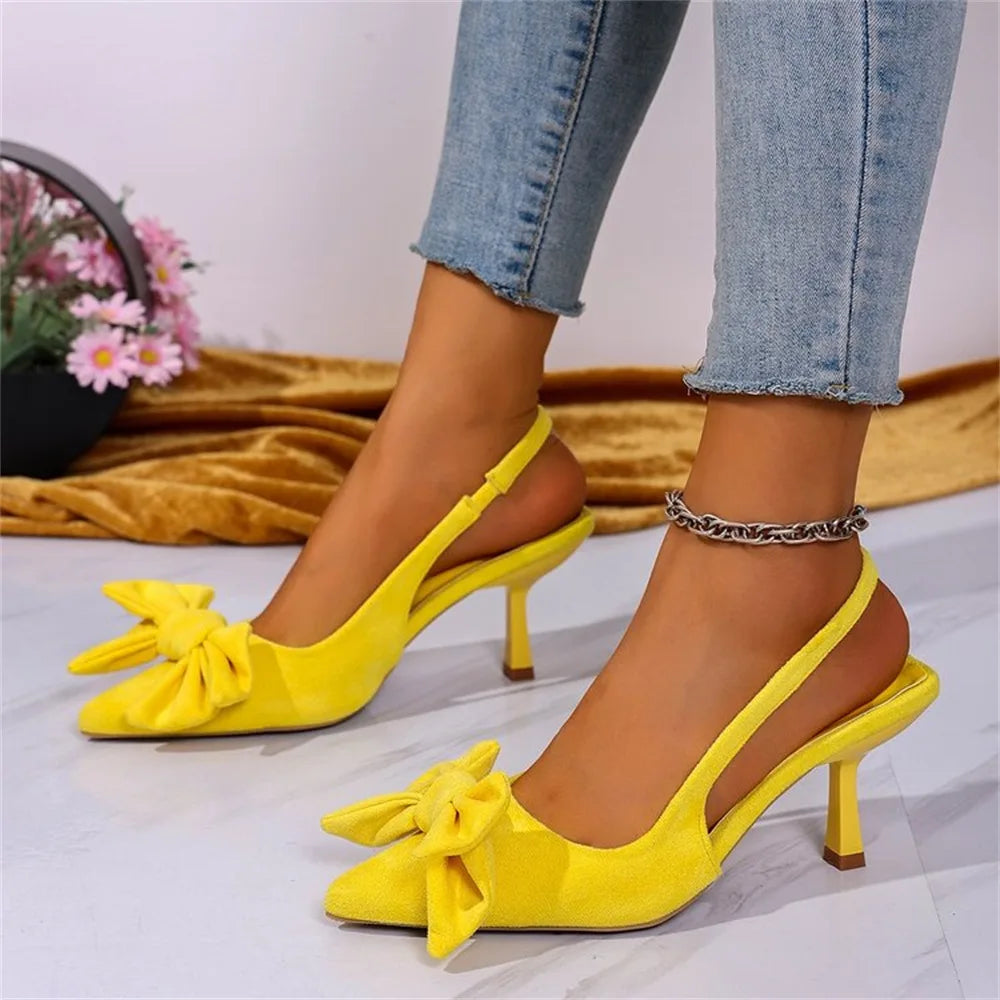 LIZAKOSHT  -  Big Size 43  Women's Summer Yellow Pointed Toe Slingback Sandals Slip on Elegant Kitten High Heels Shoes  with Little Bow