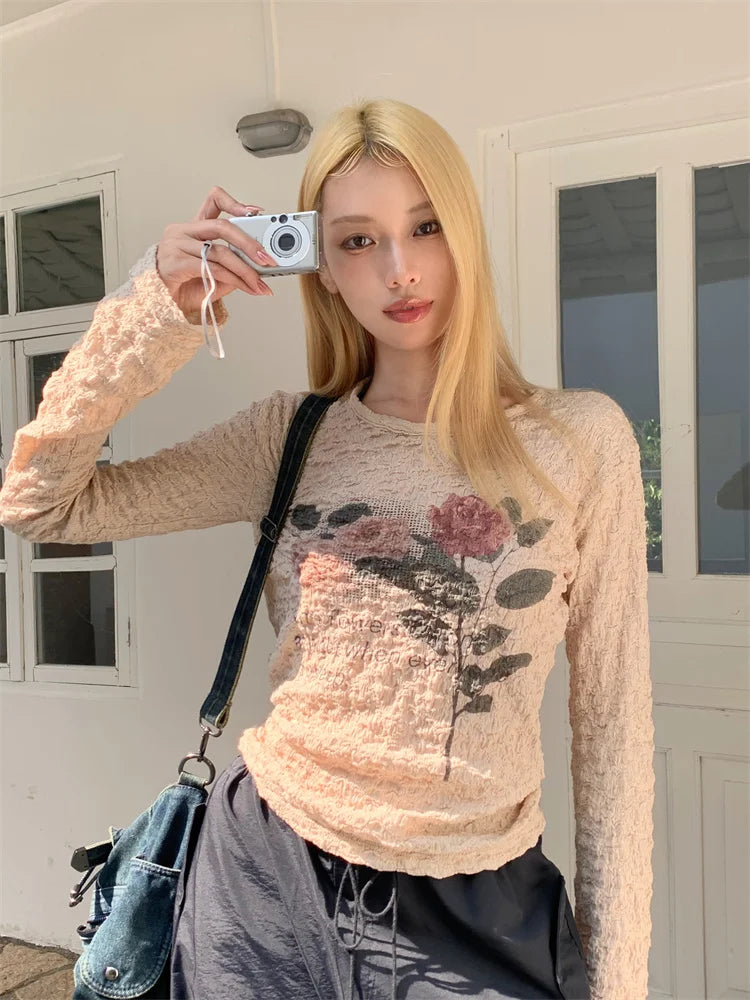 LIZAKOSHT - Letter Spring Auturm Vintage T Shirt Women Long Sleeve Crop Tops Y2k Print Tshirts American Retro Tee Tops Outfits