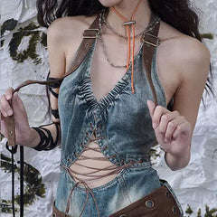LIZAKOSHT  -  Dress Denim Hollow Strap Short Hot Girl American Niche Temperament Super Cool Niche Design Pleated Dress