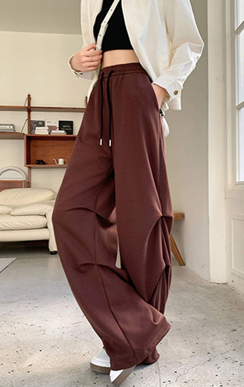LIZAKOSHT  -  American Sweatpants Women  Fall Chic Fashion Casual Wide-Leg Pants Straight Parachute Loose Side Striped Soild Cargo Trousers
