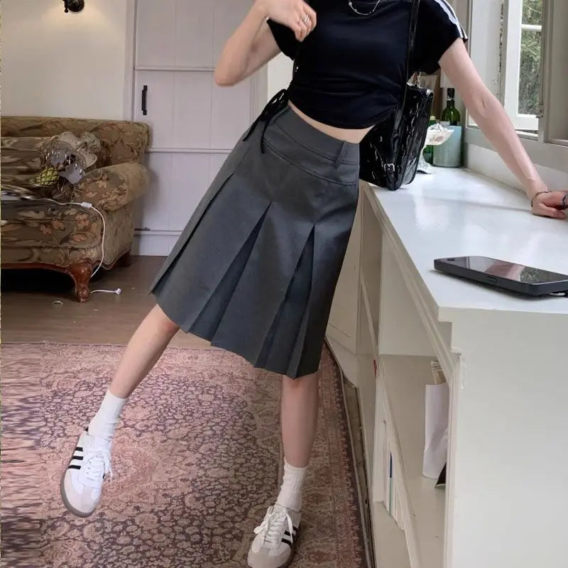 LIZAKOSHT  -  pleated skirt high quality Reversible high waist preppy Fashion Gray plus size Skirt for Women 2024 Summer New suit midi skirt