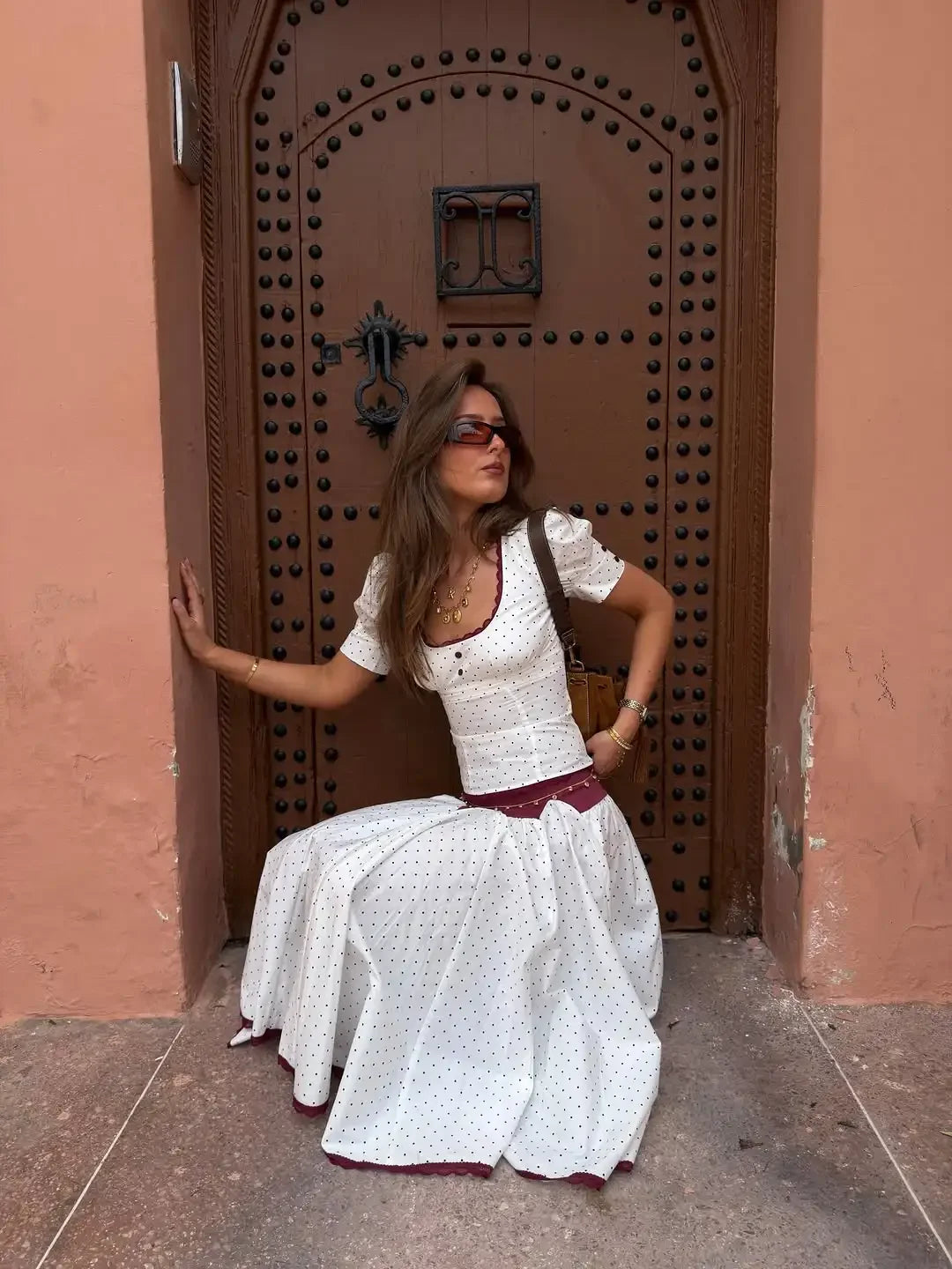 LIZAKOSHT  -  Solid Polka Dot Long Skirt Suit Women U Neck Short Sleeves Lace Ruffle Waist Cinching 2-piece Set Lady Summer Holiday Outfit New