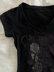 LIZAKOSHT  -  Y2k Aesthetic Flower Printing Women Grunge T-shirts Vintage Slim Harajuku Causal Black Tshirts 2024 Summer Bottoming Crop Tops