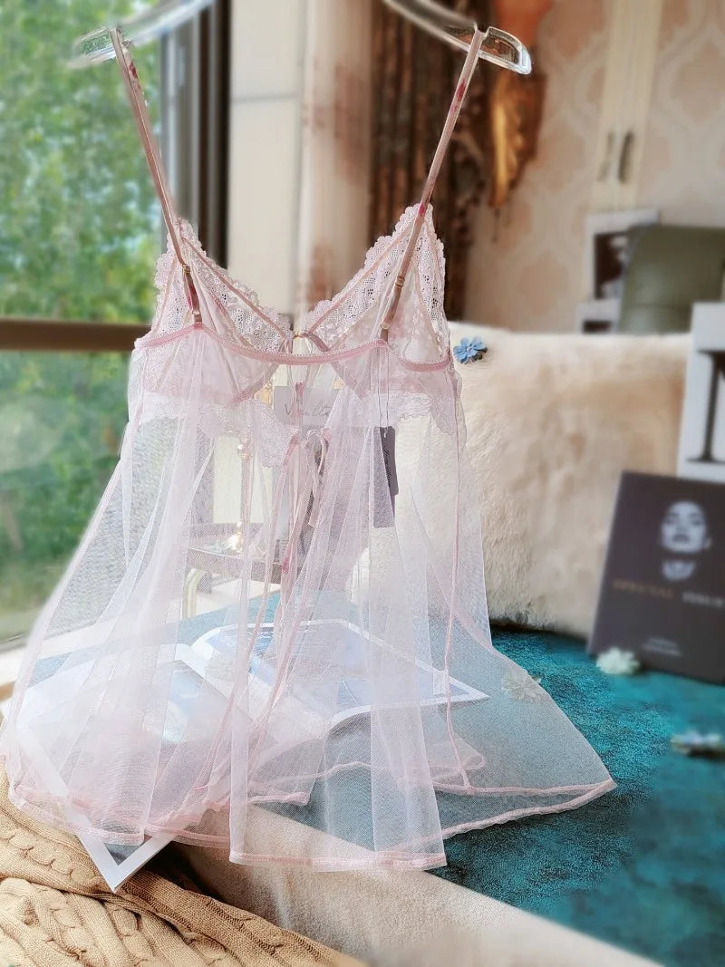 Sexy Pajamas First Love See Through Mesh Lace Suspender Nightdress with Panties High Quality French Women's Underwear Set