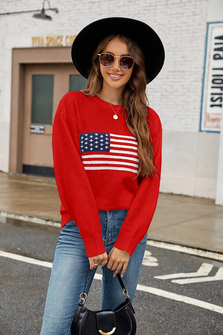 LIZAKOSHT  -  Fall Winter Sweater Women The American Flag Easter Independence Day New Year Top Pullover Jumper Jacket Long Sleeve 40927