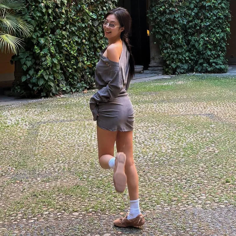 LIZAKOSHT  -  Casual Mini Dress Autumn Sexy Inclined Shoulder Flare Long Sleeve Ruched Bodycon Clubwear Women Fashion Daily Streetwear