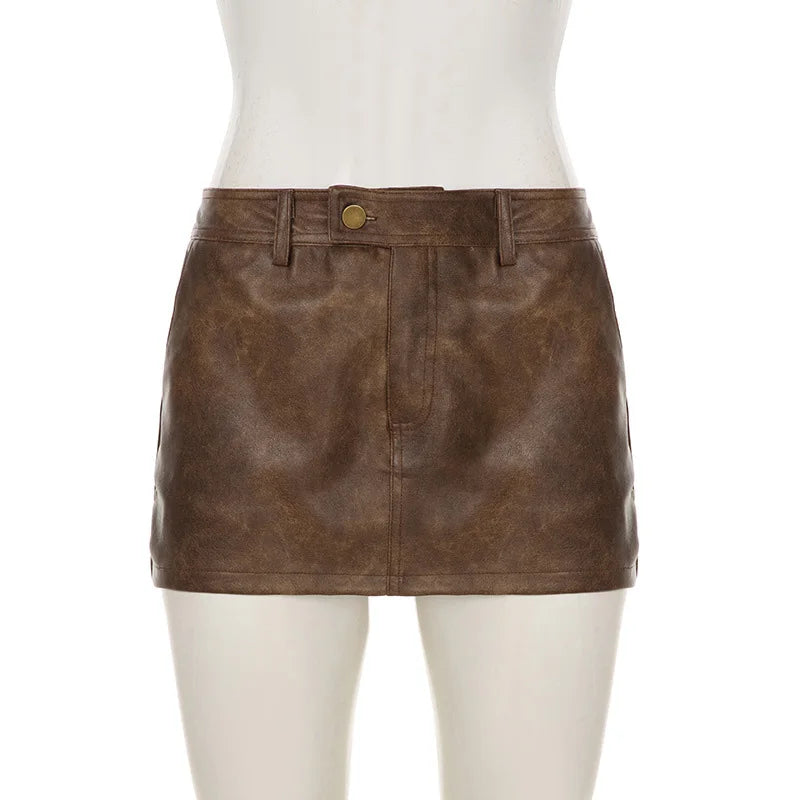 LIZAKOSHT  -  Y2k Brown Faux Pu Leather Low Waist Mini Skirts for Women Pockets Button Vintage Femme Club Streetwear Sexy Autumn Skirt