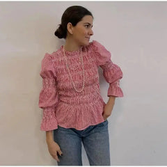 LIZAKOSHT  -  Plaid Pleated Long Sved Flared Slim Fit Women's irt Polyester Fabric round Ne Long Sve European Sle Spring