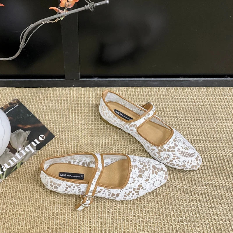 LIZAKOSHT  -  NEW Lace Women Mary Jane Shoes Fashion Shallow Buckle Comfort Soft Female Street Style Breathable Mesh Flats Sandals ﻿