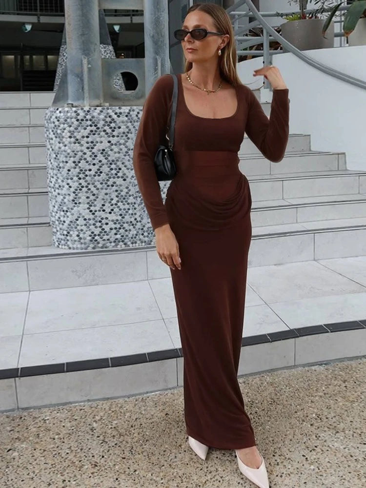 LIZAKOSHT  -  2025 Autumn Mesh Patchwork Ruched Long Dress Women's Elegant Long Sleeve Slim Evening Dresses Party Prom Gown Streetwear