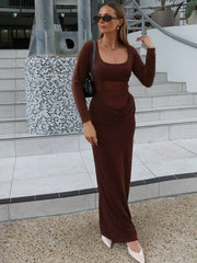 LIZAKOSHT  -  2025 Autumn Mesh Patchwork Ruched Long Dress Women's Elegant Long Sleeve Slim Evening Dresses Party Prom Gown Streetwear