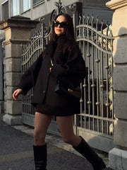 LIZAKOSHT  -  Bat-Sleeve Woolen Coat Black Lapel Single Breasted Casual Loose Thicken Wool Short Overcoat French Winter Women's Outwear Top