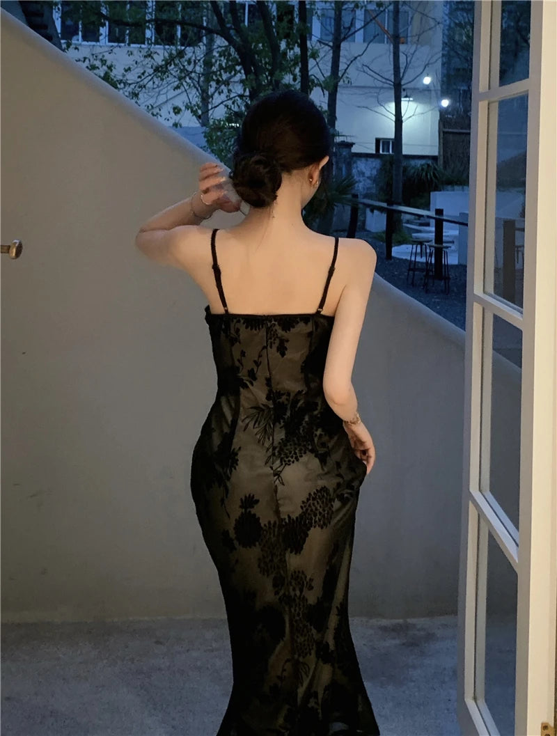 LIZAKOSHT  -  Lace Black Elegant Women Dress Vintage Strap Embroidery Floral Mermaid Midi Club Gown Robe Femme Ropa Sexy Mujer Verano Vestidos
