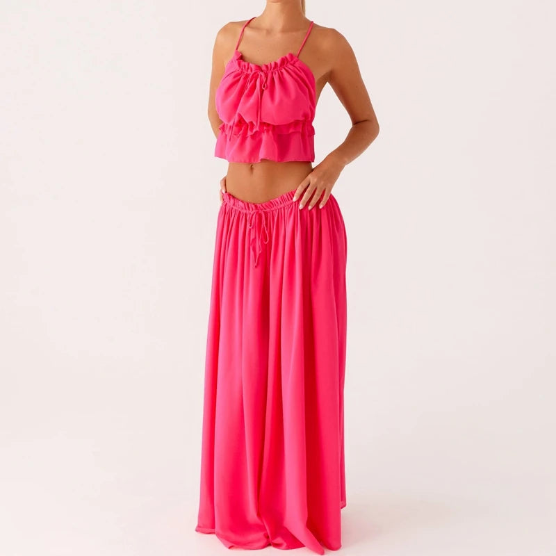 LIZAKOSHT  -  Women 2 Piece Set Summer Outfits Elegant Ladies Sleeveless Tie Front Camis Backless Crop Tops + Long Skirt Beachwear