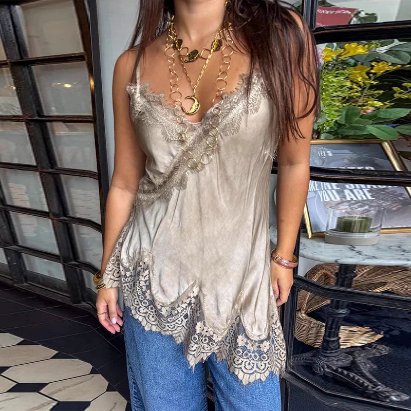 LIZAKOSHT  -  Sexy Satin Sling Tops Women V Neck Hollow Out Patchwork Lace Irregular Tank Top Female New Chic Solid Fashion Streetwears