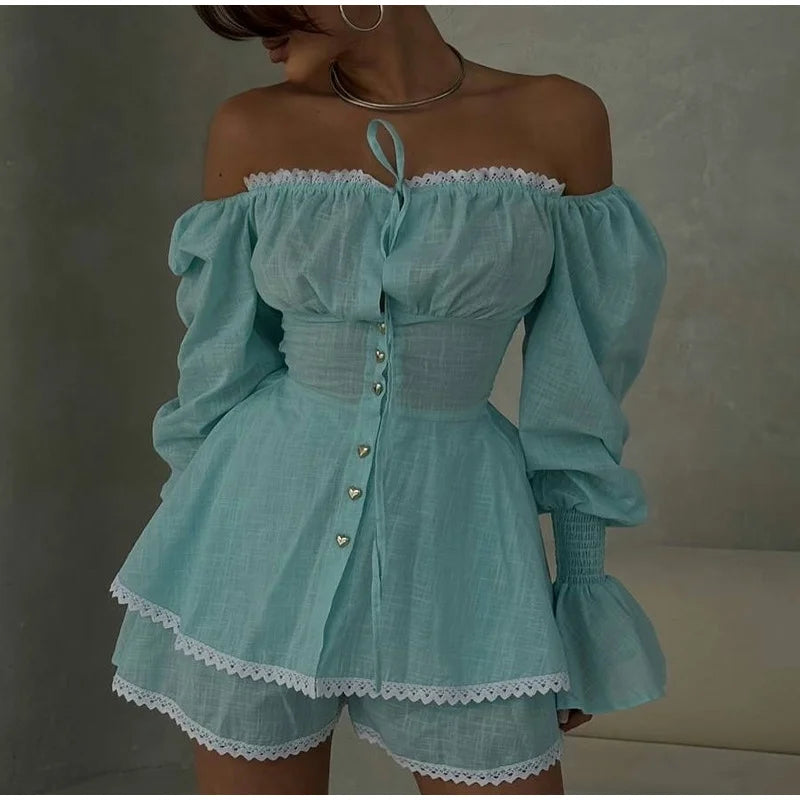 LIZAKOSHT  -  Sexy Ruffles Shorts Sets Women Spiced Slash Neck Waist Up Flare Sleeve Lace Up Top Short Pants 2025 Summer Lady New in Suits