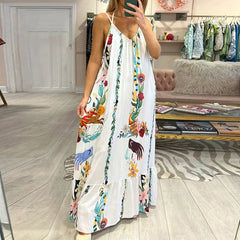 LIZAKOSHT  -  All Match Draped Female Pleat Dress Vintage Loose Suspender Beach Dress 2024 Women Pattern Printed Sleeveless V-neck Maxi Dress
