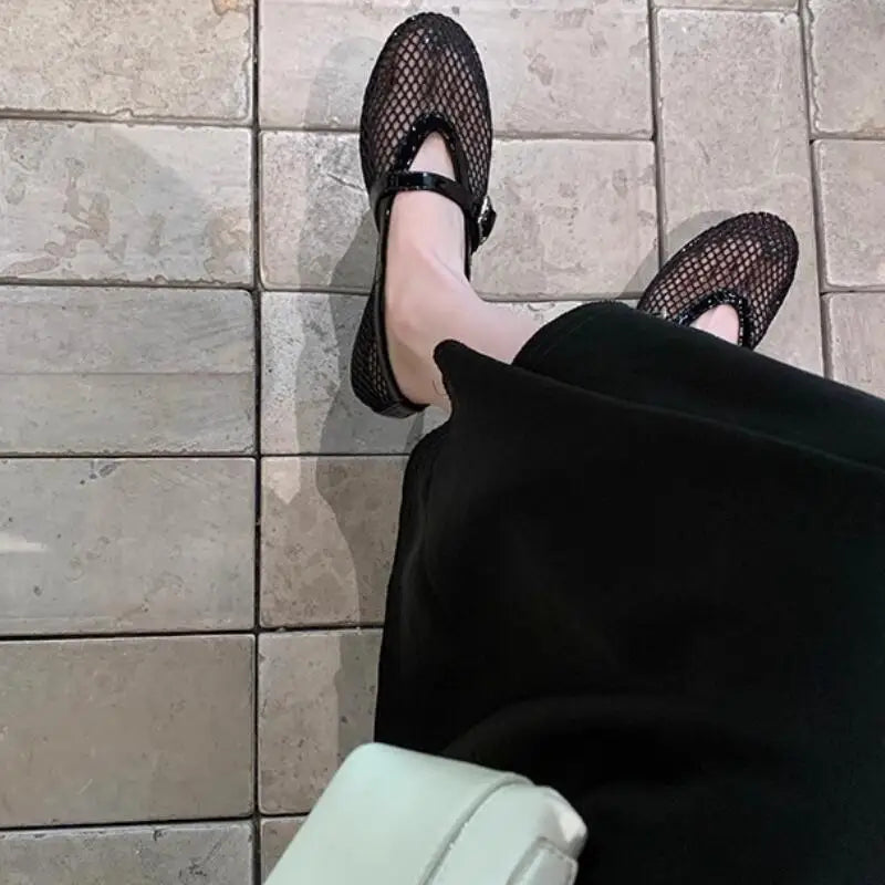LIZAKOSHT  -  Summer Fashion Designer Rhinestones Round Toe Mary Janes Women Flat Mesh Sandals Buckle Strap Comfortable Outdoor Dress Shoes