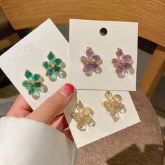 LIZAKOSHT Purple Green Clear Crystal Flower Earrings 2023 Gold Color Metal Flowers Petal Big Drop Dangle Earrings for Women Gifts