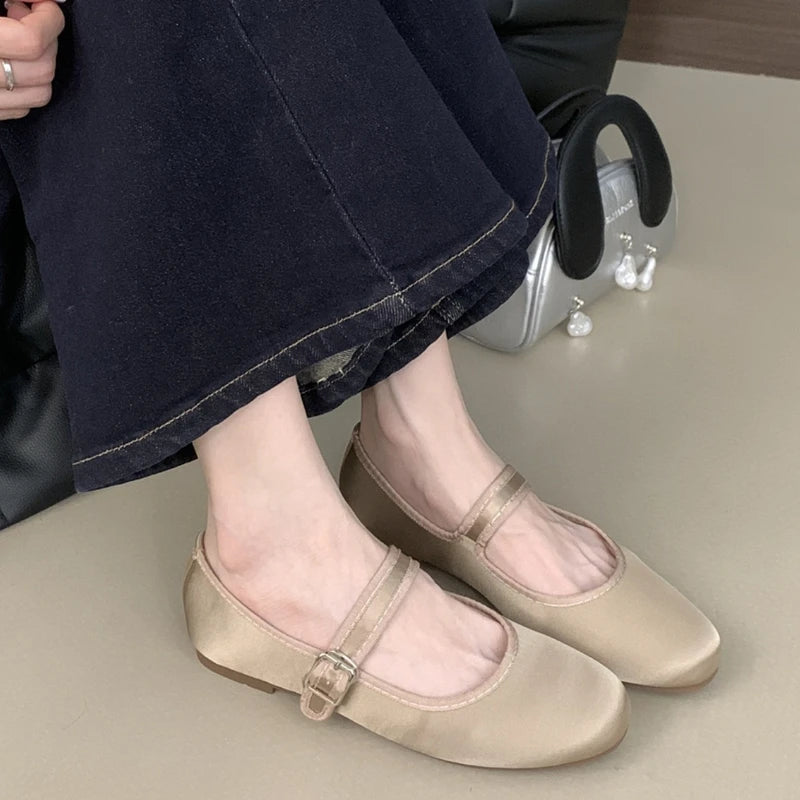 LIZAKOSHT  -  Comfort Satin Soft Sole Ladies Mary Jane Shoes Fashion Round Toe Shallow Women Flats Elegant Buckle Prom Designer Ballet Shoes