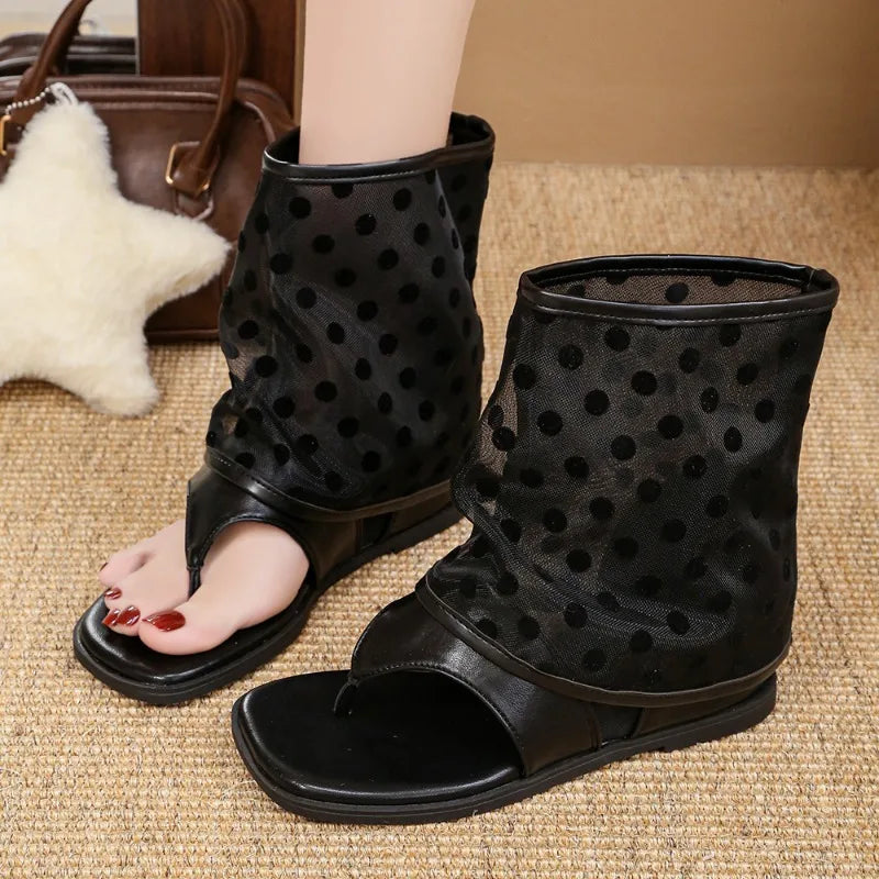 LIZAKOSHT  -  Vintage Spring Polka Dot Clip Toe Ankle Boots Women Flats Heels Shoes Street Style Dress Lightweight Gladiator Boots for Summer