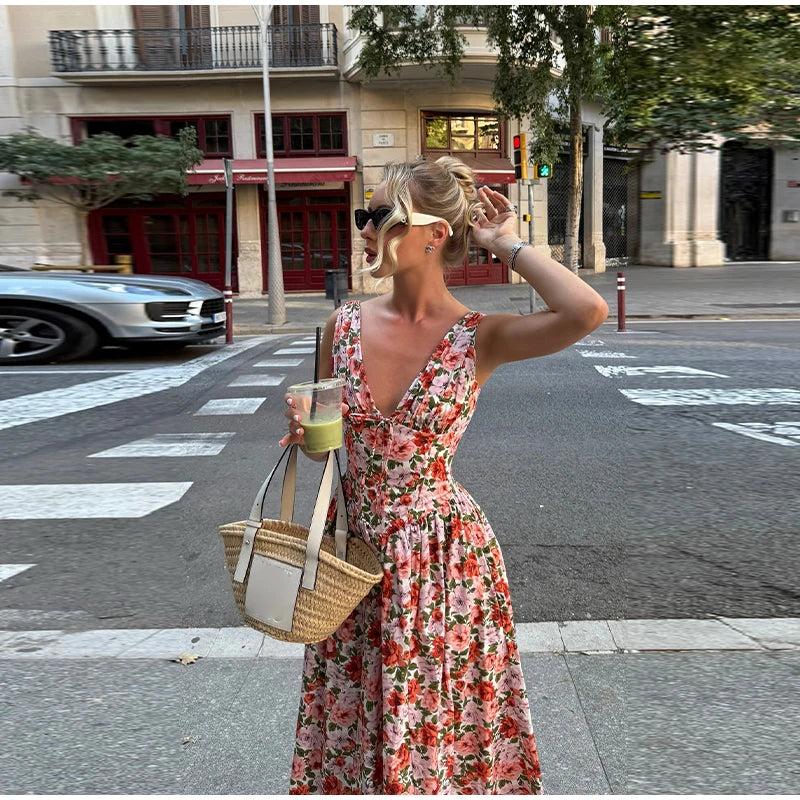 LIZAKOSHT  -  Fashion Print Tube Midi Dress For Women Deep V-neck Sleeveless Draped Lace Up Robes 2025 Summer Elegant Female Parties Dresses