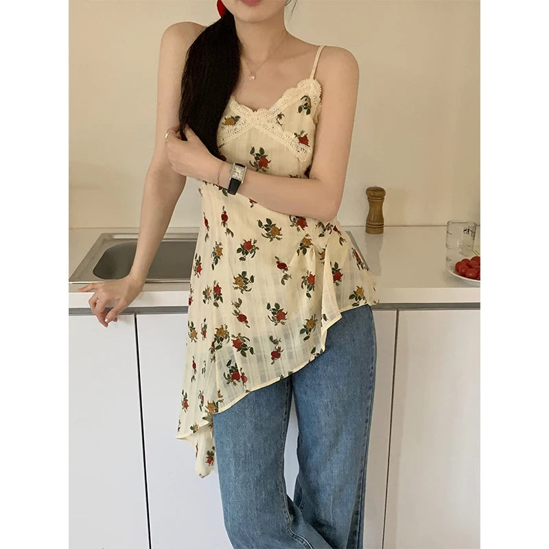 LIZAKOSHT  -  Y2K Floral Tank Top Women Vintage Asymmetrical Print Camis Summer Streetwear Korean Sexy V Neck Lace Spaghetti Strap Tops