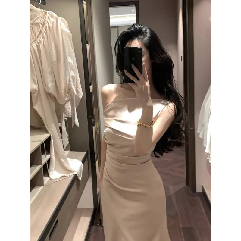 LIZAKOSHT  -  French Temperament Satin Dress New Summer Oblique Shoulder Sling Collar Fishtail Skirt for Women