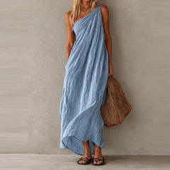 LIZAKOSHT  -  Cotton Linen Casual Pocket Solid Long Dress Elegant Draped Hight Waist Women Dress Sleeveless Slanted Shoulder Loose Party Dress