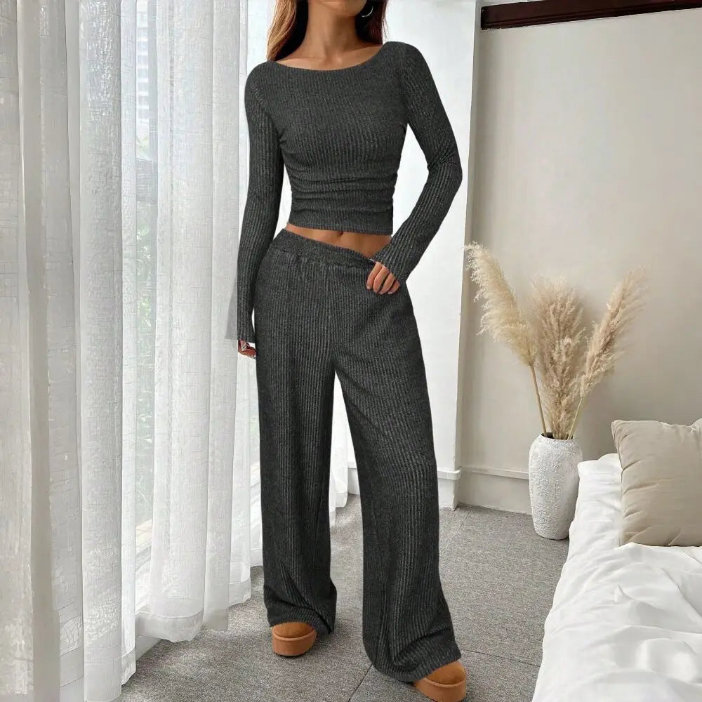 LIZAKOSHT  -  Fall Winter Women 2 Piece Set Solid Off Shoulder Long Sleeve Top Elastic Waist Wide Leg Pants Fashion Casual Outfit