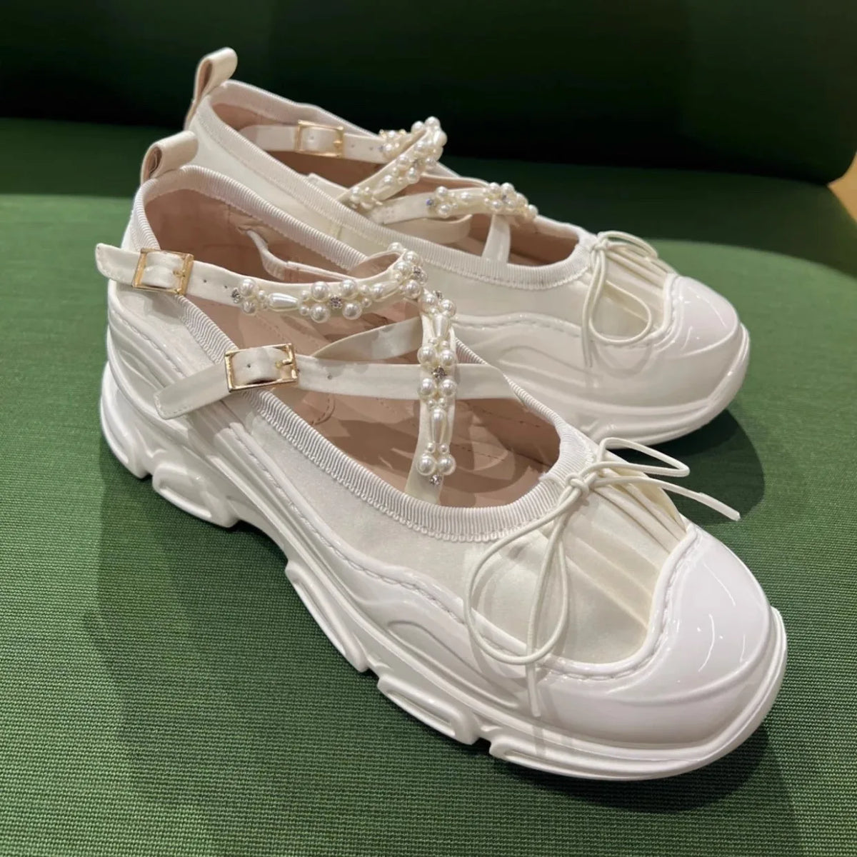 LIZAKOSHT  -  Women Pearls Buckle Mary Jane Shoes Thick Bottom Ballet Sneakers Round Toe Anti-slip Lightweight Loafers Zapatillas De Mujer