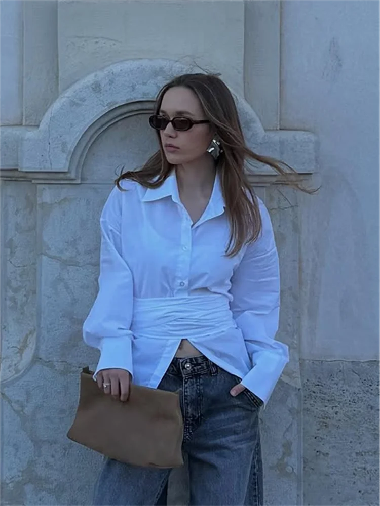 LIZAKOSHT  -  Chic Waist Cinching Lapel Shirt Woman Solid Color Irregular Hem Long Sleeves Slim Top Casual Commuting Versatile Women's Shirts