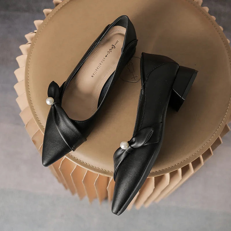 LIZAKOSHT  -  spring leather bow band flat shoes woman pointed toe pearl decoration slip on loafers two wears pleated ballet flats for women