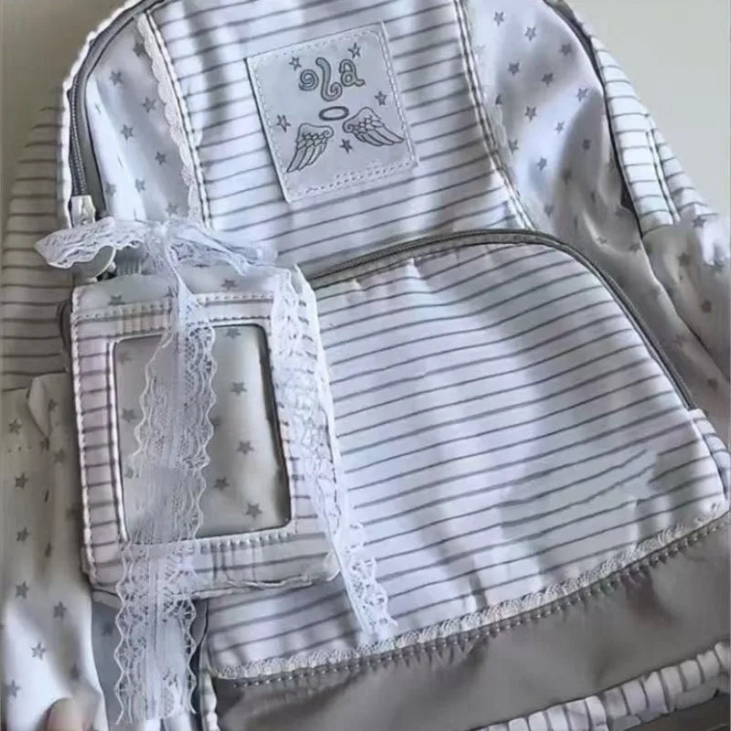 LIZAKOSHT  -  Japanese Minimalist Stripe Backpack Women Star Print Large Capacity Student Schoolbag Ladies Sweet Cute Harajuku Mochilas Mujer