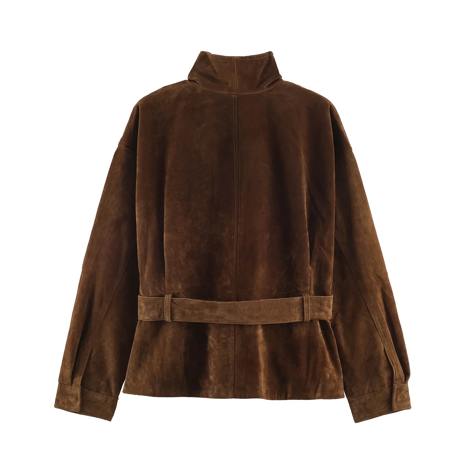 LIZAKOSHT  -  Brown Faux Suede Women Short Coat Stand Collar Zip Front Long Sleeve Waist Belt Buckle Loose Fit Vintage Retro Street Outerwear
