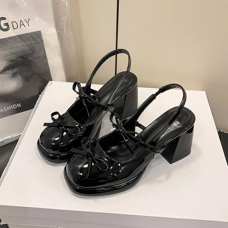 LIZAKOSHT  -  Sweet Butterfly-knot Women Sandals Fashion Cover Toe Thick Heel Mules Shoes Elegant Party Dress Female Slingbacks Sandalias