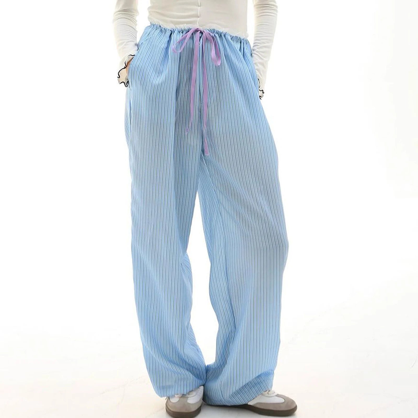LIZAKOSHT  -  Women Wide Leg Pants Casual Loose Vertical Stripe Print Elastic Lounge Trousers with Pockets for Work Office Streetwear