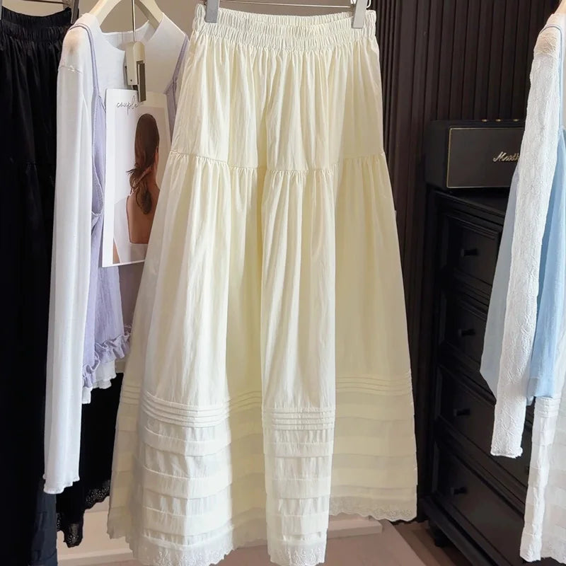 LIZAKOSHT  -  White High Waist Lace Long Skirt Female Pleated Casual Basic Summer Solid Loose Elegant Maix Skirt Women's Clothes Femme